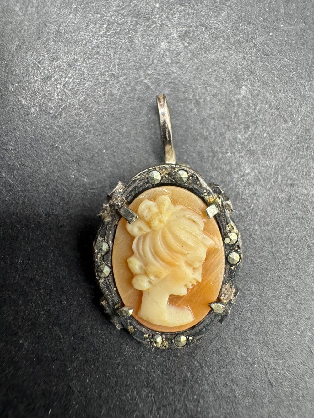 Antique Victorian 800 Silver Carved Shell Cameo & Marcasite Accent Pendant